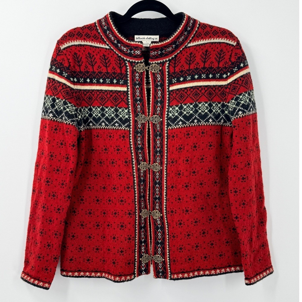 Telluride Red Wool Nordic Fair Isle Metal Clasp Cardigan ski Sweater womens sz S